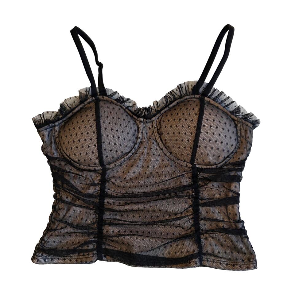 Rabbitโ Rose Black Polka Dot Mesh Corset Top Ruched Camisole Medium
